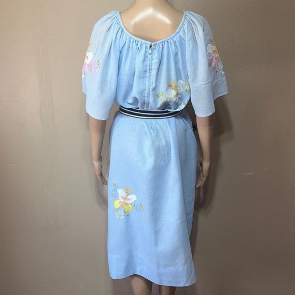 Vintage 40s 50s blue handcrafted embroidered linen Mexican shift dress mod sz XL - Picture 6 of 12
